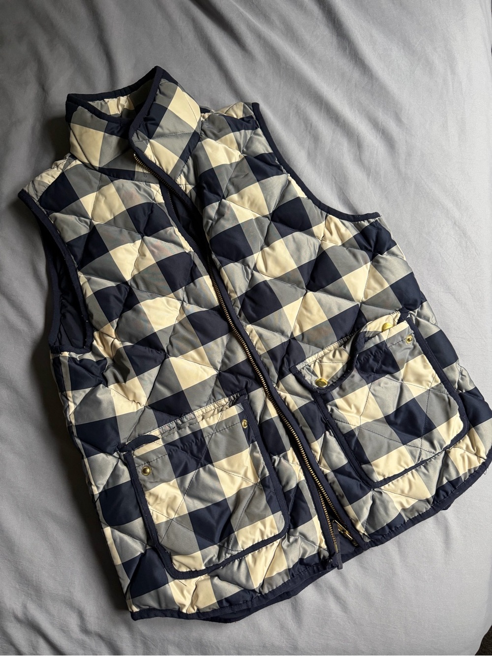 J. Crew Women’s Quilted Geometric Puffer Vest in Navy & Cream